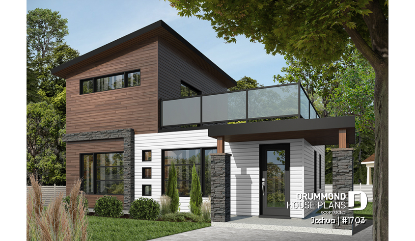 front - BASE MODEL - 2-story 2 bedroom small and tiny Modern house with deck on 2nd floor, affordable building costs - Joshua