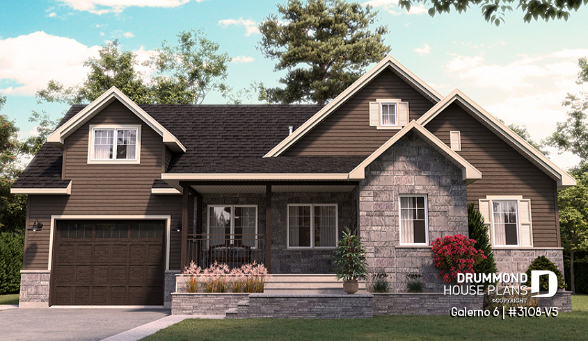 front - BASE MODEL - Two-storey house plan with 3 bedrooms and home office, open floor plan, garage - Galerno 6