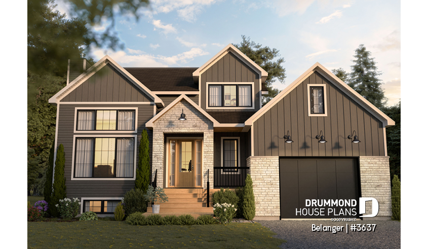 Color version 1 - Front - Modern farmhouse 4 bedrooms, garage, great living room with fireplace, cathedral and built-ins - Belanger