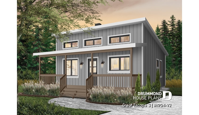 Color version 1 - Front - Small 2 bedroom cabin plan with unfinished basement, large covered front balcony and sloped ceiling - Great Escape 3