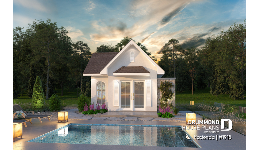front - BASE MODEL - Pool cabana plan with small kitchen, large storage and outdoor shower - Hacienda