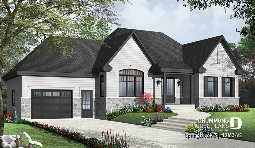 Color version 5 - Front - Country Rustic style ranch bungalow house plan with open floor plan, office and large garage - Springbrook 3