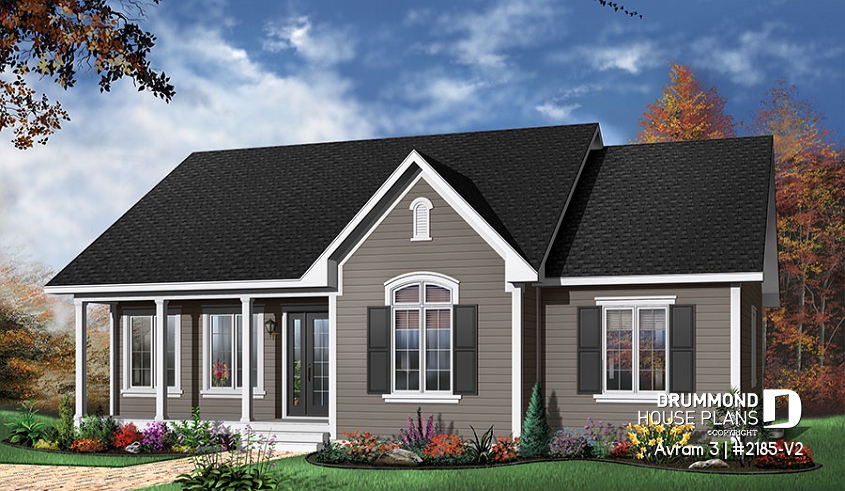Color version 1 - Front - Affordable one-storey ranch house plan, 3 bedrooms, open layout, 10' ceiling in living, low construction costs - Avram 3