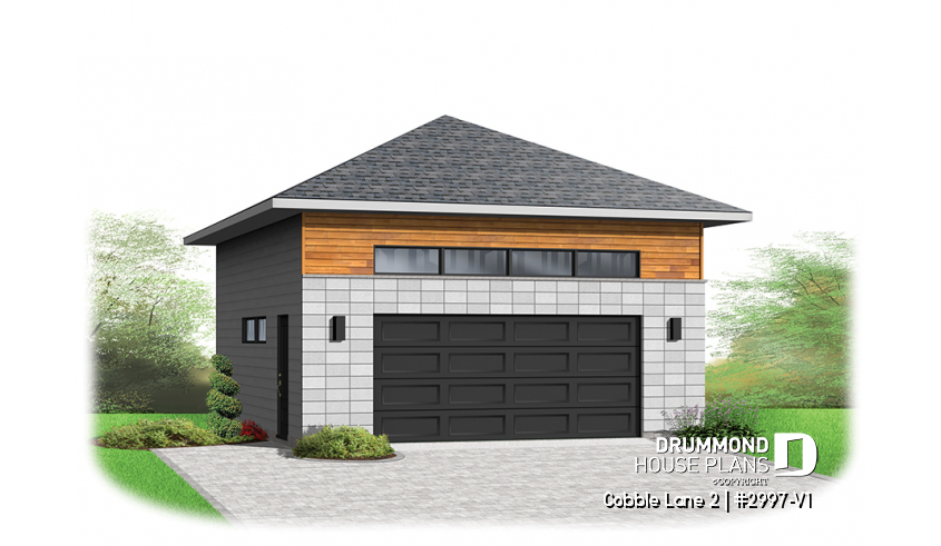 front - BASE MODEL - 2-car garage plan, Contemporary/Zen with large window, and mezzanine for storage - Cobble Lane 2