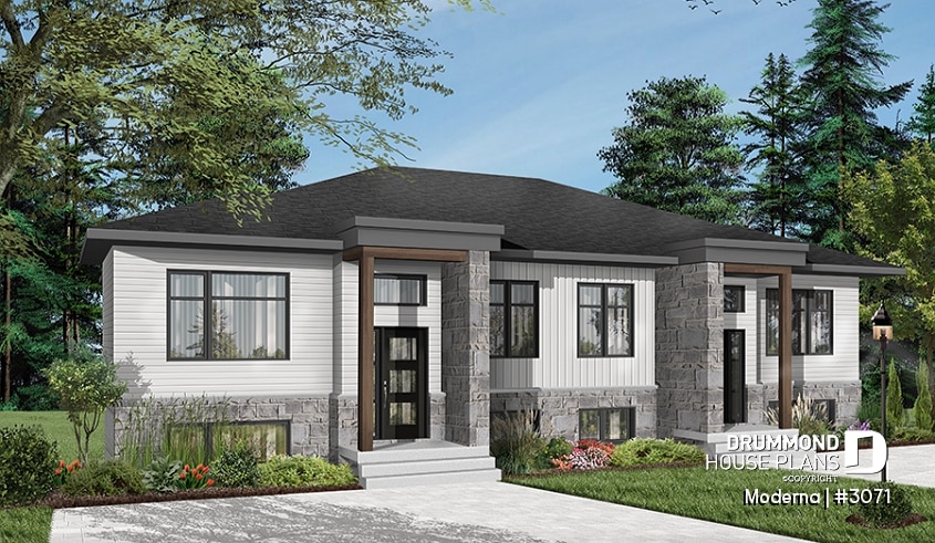 Color version 7 - Front - Modern duplex house plan with 2-4 bedrooms, 1-2 bathrooms and 1-2 family rooms per unit - Moderna