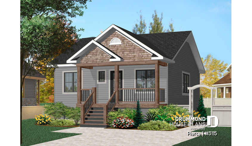 front - BASE MODEL - Economical 2 bedroom bungalow with kitchen island and veranda, ideal first-home buyer house plan - Pierce