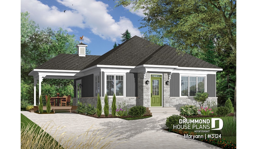 Color version 5 - Front - Economical 2 bedroom Bungalow home plan with covered terrace, laundry on main floor and 9' ceiling - Maryann