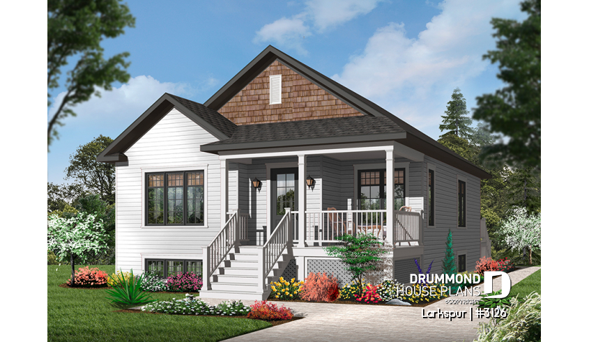 Color version 2 - Front - Affordable 2 bedroom American style bungalow house plan, entrance foyer, open floorplan, low construction cost - Larkspur