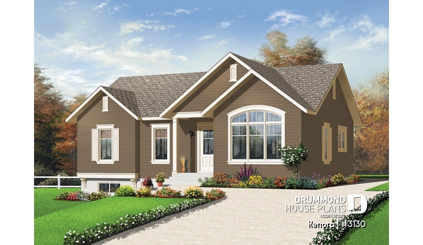 front - BASE MODEL - Ranch Bungalow house plan with 3 bedrooms, cathedral ceiling and large eat-in kitchen - Kenora