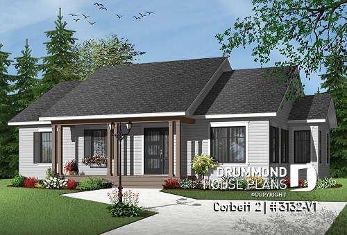 front - BASE MODEL - Country style 3 bedroom bungalow house plan with attractive kitchen and great open floor plan - Corbett 2