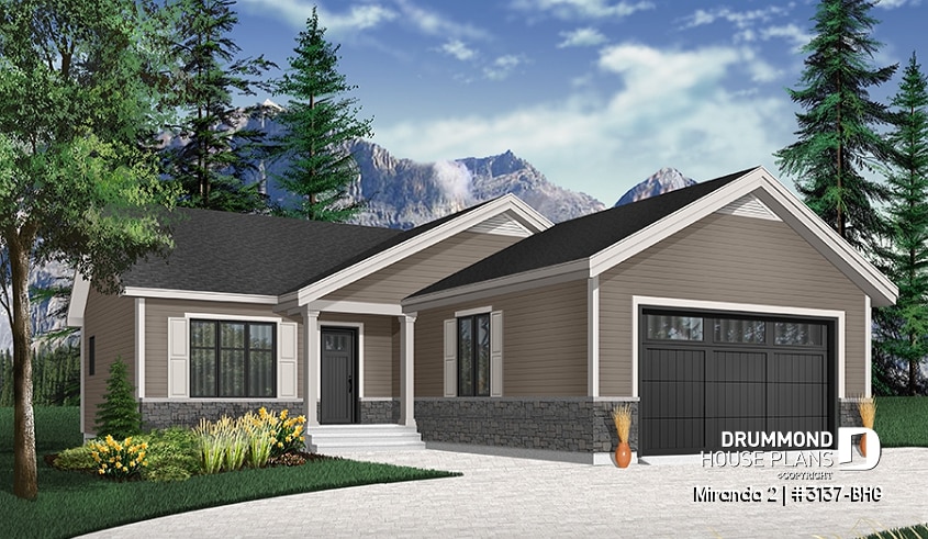 front - BASE MODEL - Affordable ranch bungalow, master bedroom with walk-in, kitchen / dining / living open concept, 2-car garage - Miranda 2