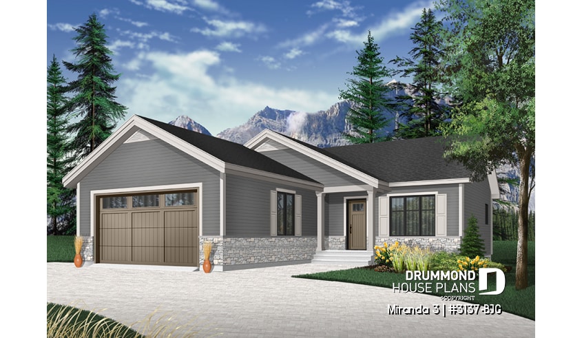 front - BASE MODEL - Affordable modern rustic ranch bungalow, 2-car garage, master suite with private shower, open floor concept - Miranda 3