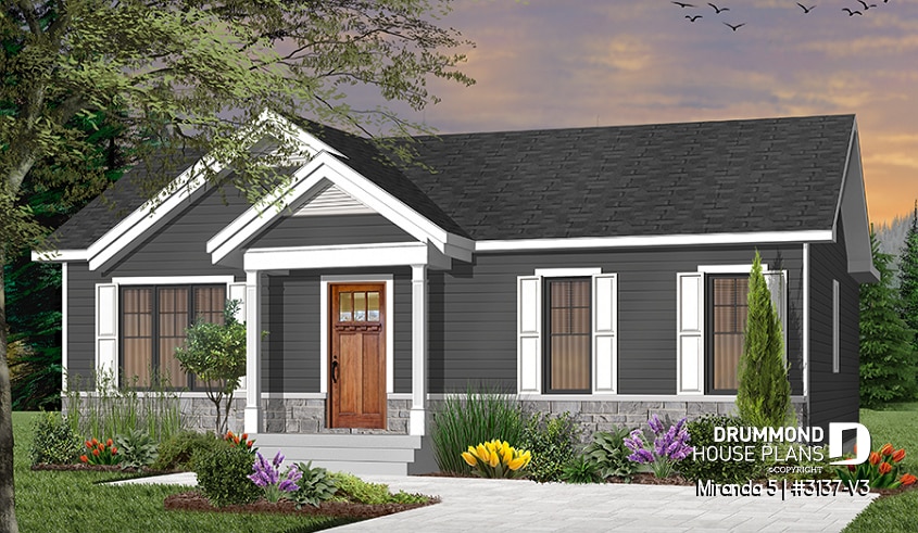 Color version 6 - Front - Small & affordable 3 bedroom bungalow house plan, open concept kitchen, dining and living room - Miranda 5
