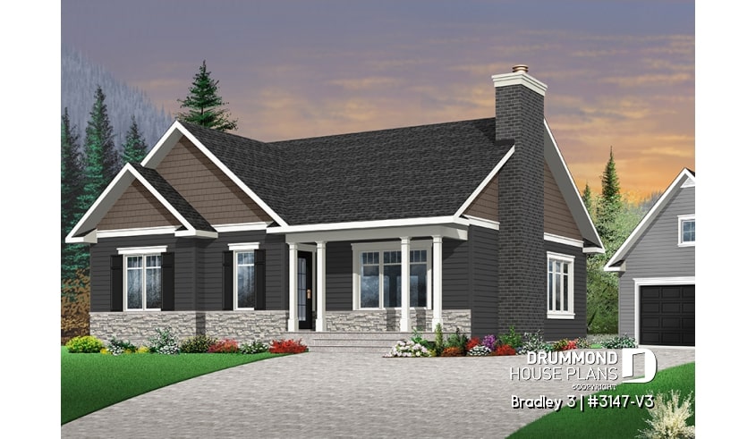 Color version 8 - Front - Great Traditional bungalow home plan with 3 bedrooms & open floor plan and optionnal two-car detached garage  - Bradley 3