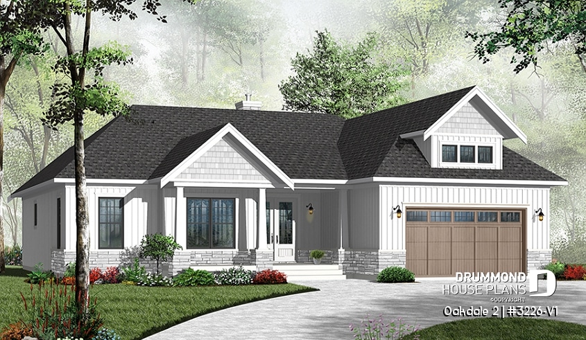 front - BASE MODEL - Beautiful Ranch style house plan with 2-car garage, 9' ceiling, master suite, 3 bedrooms, 2 bathrooms - Oakdale 2