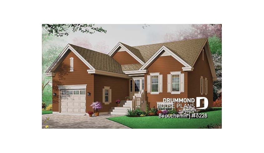 front - BASE MODEL - Traditional bungalow with 3 bedrooms on same level, 1-car garage, ideal for narrow lot - Beauchemin