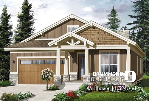 front - BASE MODEL - 3 bedroom Northwest style house plan, 2-car  garage, large covered rear  balcony, fireplace, open concept - Westhaven