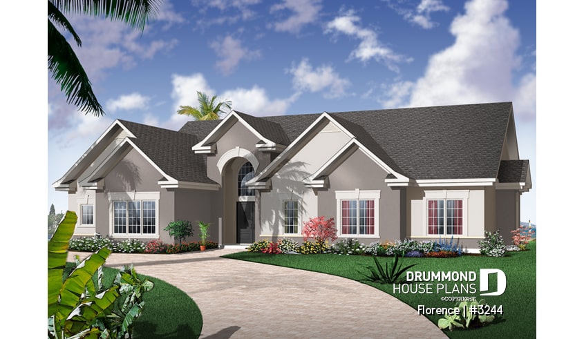 front - BASE MODEL - Florida style house plan, large master suite, home office, open floor plan, large laundry room, bonus space - Florence