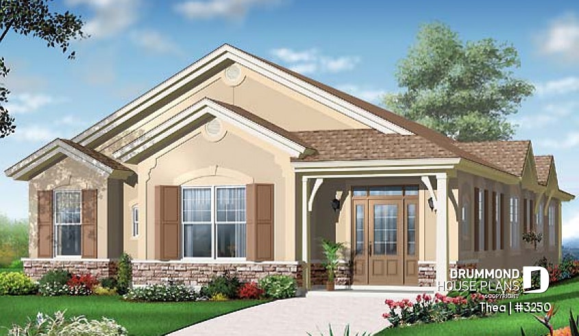 front - BASE MODEL - 4 bedroom ranch style home plan with 2 living rooms and rear entry 2-car garage - Thea