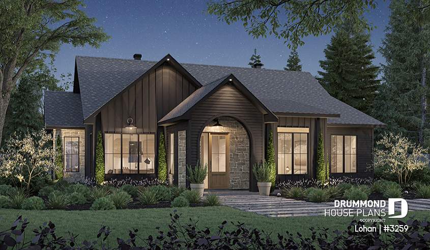 front - BASE MODEL - Single level house plan with 4 bedrooms, 2 bathrooms, kitchen with small pantry and master suite - Lohan