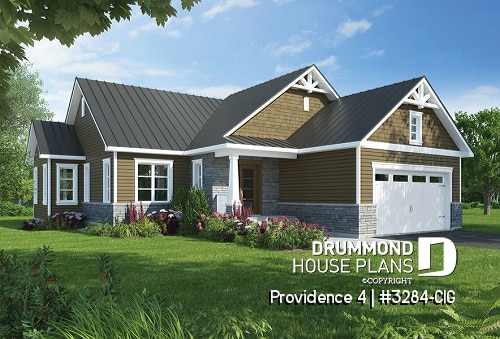 front - BASE MODEL - Narrow lot home house plan, 3 bedrooms on same level, 2 bathrooms, 2-car garage, fireplace, laundry room - Providence 4