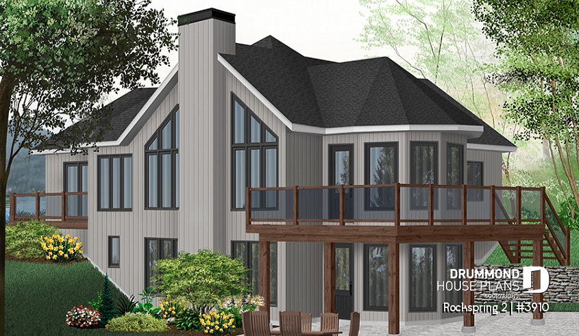 Rear view - BASE MODEL - Cottage style house plan with 2+ bedrooms, great open layout, garage, cathedral ceiling - Rockspring 2