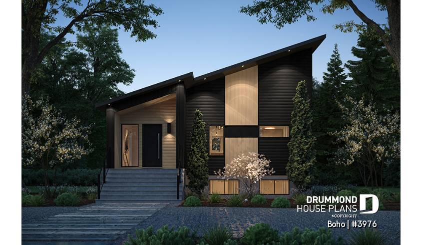 front - BASE MODEL - Small modern one-storey home with finished basement for a total of 4 bedrooms, 2 family rooms and 2.5 baths - Boho
