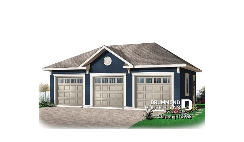 front - BASE MODEL - Simple 3-car garage plan, with garage doors at the front and the back - Carson