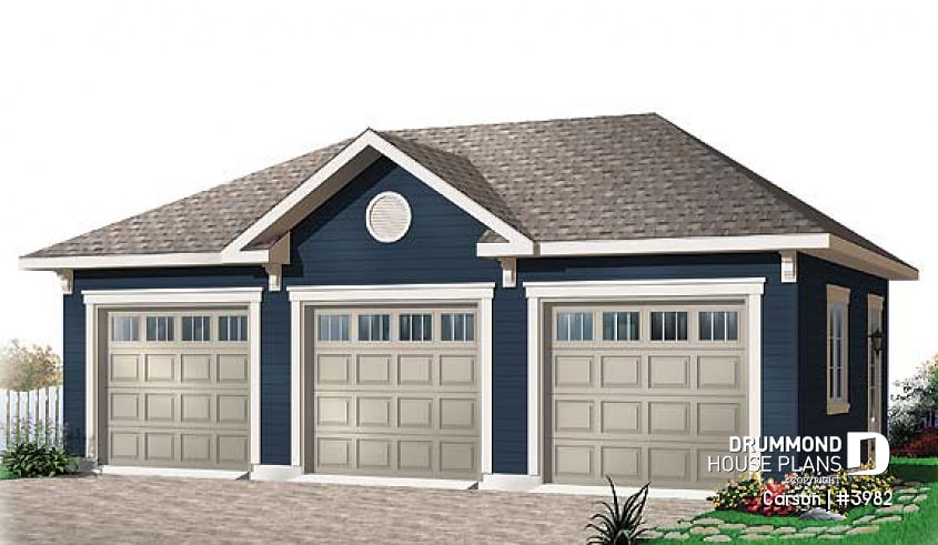 front - BASE MODEL - Simple 3-car garage plan, with garage doors at the front and the back - Carson