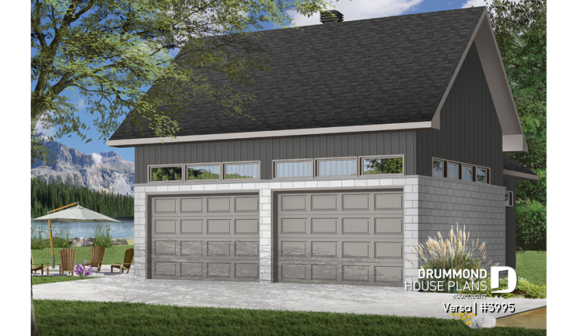 front - BASE MODEL - 2-car garage plan with entertainment area or workshop area, two-car garage plan with storage - Versa