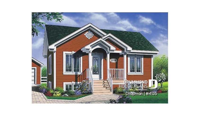 front - BASE MODEL - Rised foundation, one-storey house plan with 2 bedrooms, kitchen with lots of storage - Chapman