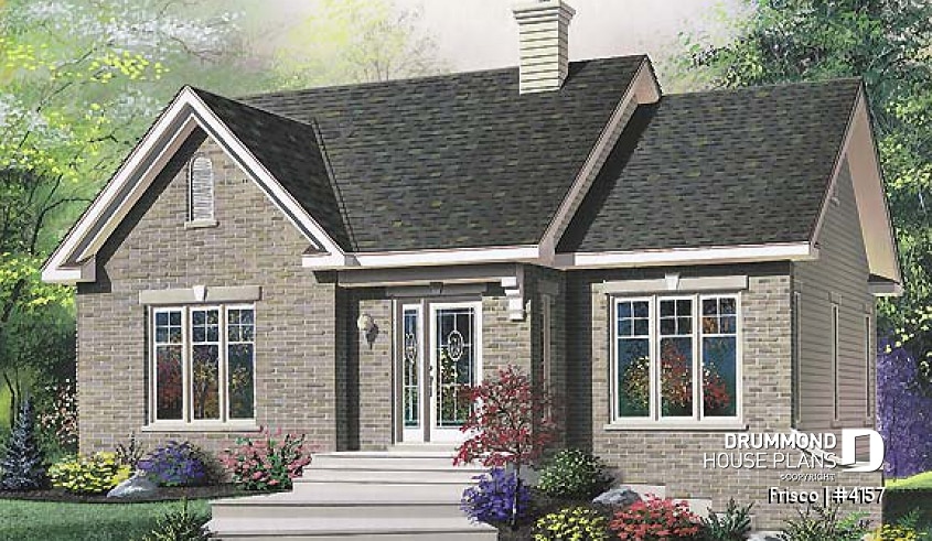 front - BASE MODEL - 2 bedroom European bungalow house plan with fireplace and sunken living room - Frisco
