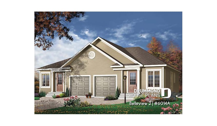front - BASE MODEL - Duplex house plan with 2 bedroom, one-car garage, affordable construction costs. - Belleview 2