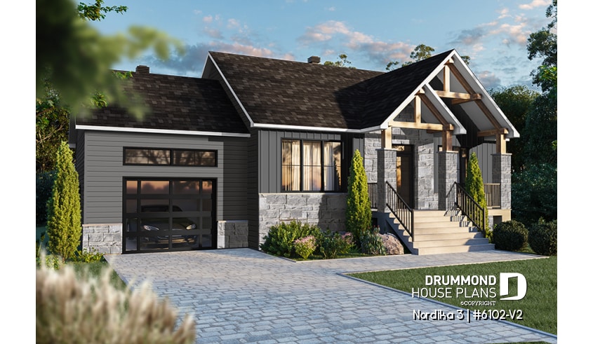 front - BASE MODEL - 2 bedroom ranch style house plan with garage, pantry, kitchen island and open floor plan concept - Nordika 3