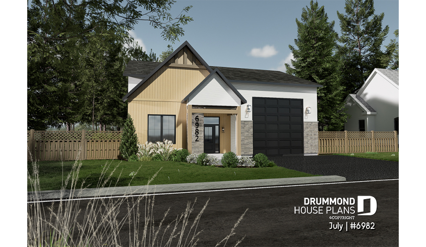 front - BASE MODEL - Small contemporary house w/ attached garage for RV, and one bedroom OR option without garage, with 3 bedrooms - July