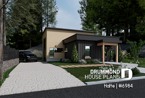 Color version 1 - Front - Small Modern house with 28'8'' x 18'8'' size VR garage and several floor layout options - Halte