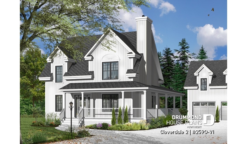 front - BASE MODEL - Country style farmhouse home plan, master suite, home office, fireplace, laundry on main floor - Cloverdale 2