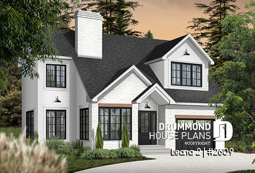 front - BASE MODEL - House with garage, 3 bedrooms + office, master suite upstairs, wood fireplace and single garage - Leana 2