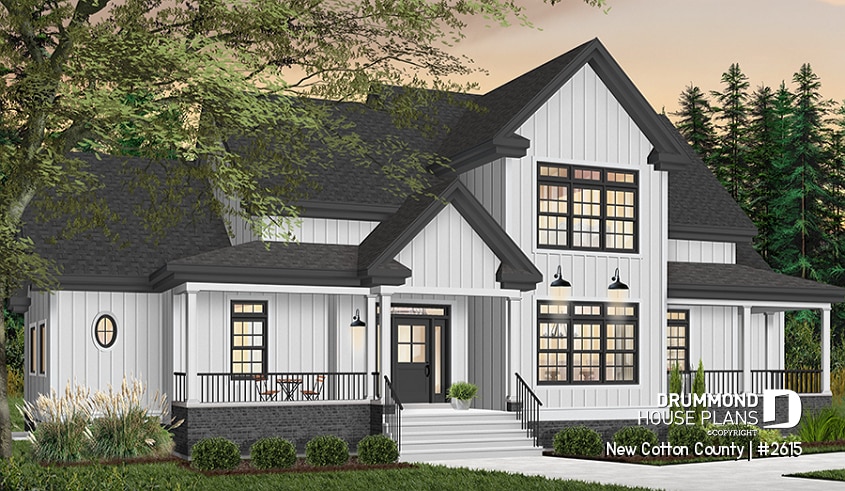 Color version 1 - Front - 2 master suites house plan, 4 bedrooms. 4 bathrooms, 2-car garage, large family room, formal dining room - New Cotton County