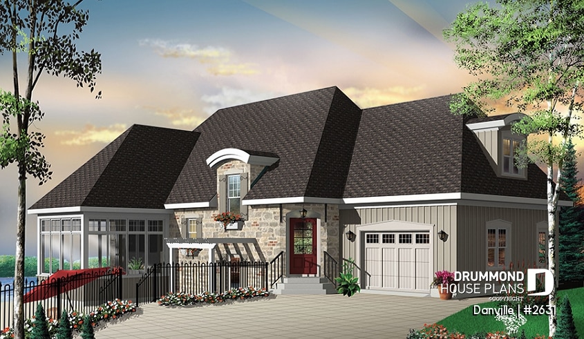 front - BASE MODEL - Lakefront Country home plan with game room, solarium & open floor plan, 3 to 4 bed, 2 to 3 bath - Danville
