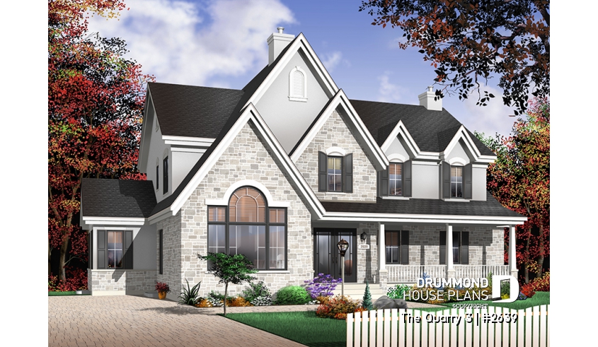 Color version 2 - Front - Country style house plan of 3 bedrooms, built-ins & fireplace in the family room - The Quarry 3