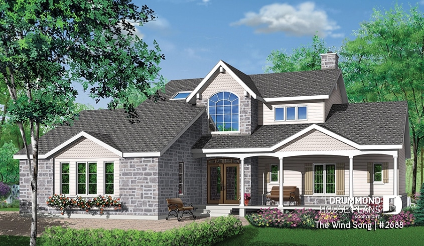 front - BASE MODEL - 3 to 4 bedrooms Traditional home, sunroom, 2-car garage, large bonus space, lots of natural light - The Wind Song