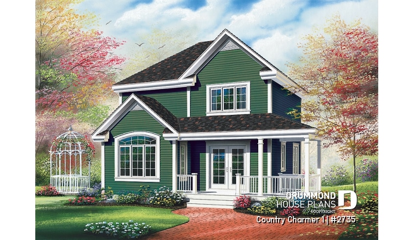front - BASE MODEL - Country style small house plan with cathedral ceiling and 3 large bedrooms, remarkable storage in kitchen - Country Charmer 1