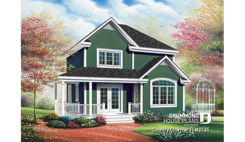 front - BASE MODEL - Country style small house plan with cathedral ceiling and 3 large bedrooms, remarkable storage in kitchen - Country Charmer 1