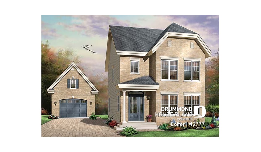 front - BASE MODEL - Narrow lot 3 bedroom low-budget house plan with breakfast nook, open concept dining and living room - Colter