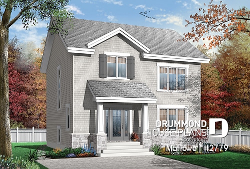 front - BASE MODEL - American 2 storey, 3 bedroom with walk-in closet in master bedroom, kitchen with island and pantry, fireplace - Marlowe