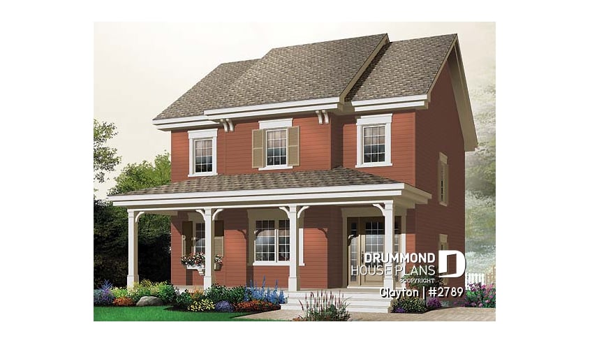 front - BASE MODEL - Country style 2 storey house plan. 3 bedrooms. a veranda and a covered porch - Clayton