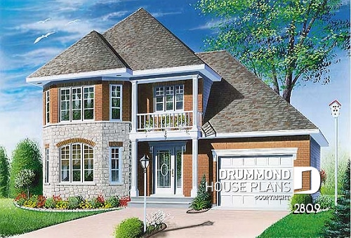 front - BASE MODEL - 2-storey house plan with 3 bedrooms and a garage, french door in living room - Arachis