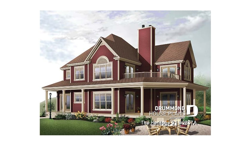 front - BASE MODEL - Lakefront country cottage home plan with wraparound covered porch, 3 to 4 bedrooms, lateral 2-car garage - The Heritage 2