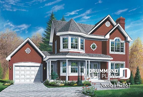 front - BASE MODEL - Victorian house plan with 3 to 4 bedrooms, 2 home offices, garage, unfinished basement - Jacob